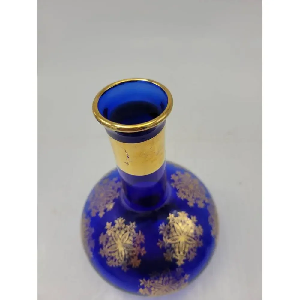 Vintage Cobalt Blue Glass Decanter Set Gold Floral Cordial Liqueur Shot Glasses
